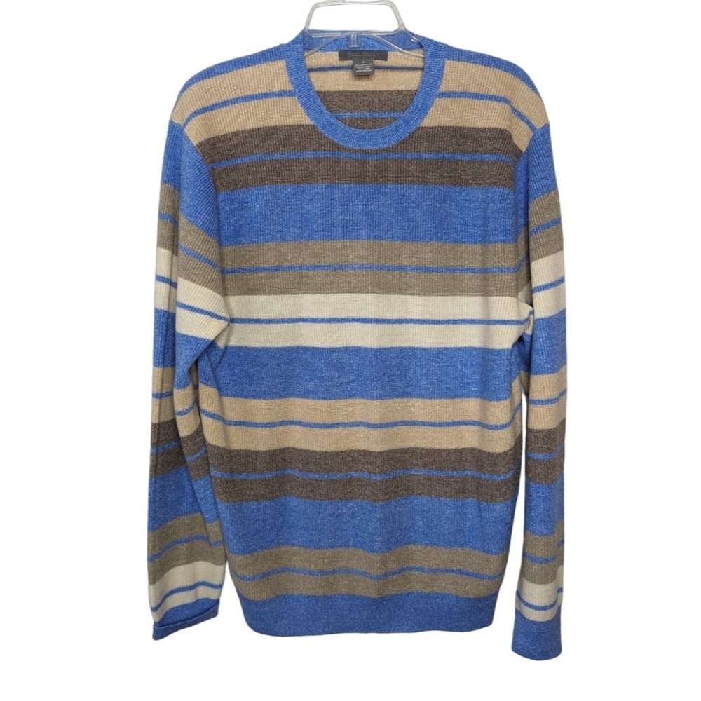Daniel Cremieux long sleeve‎ stripe Crew neck Merino blue brown sweater L